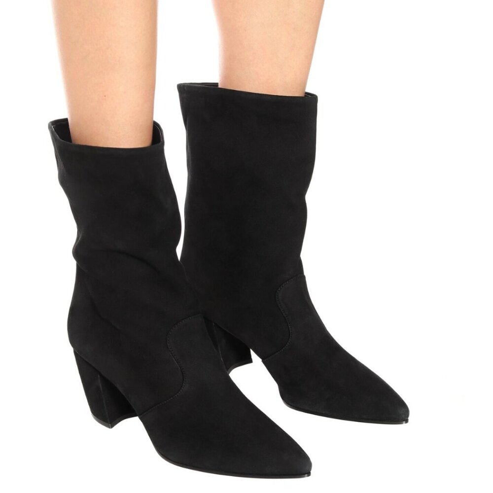 NWt Prada Mid Calf Boots Black Suede Leather Pointed Toes Block Heels Sz 35